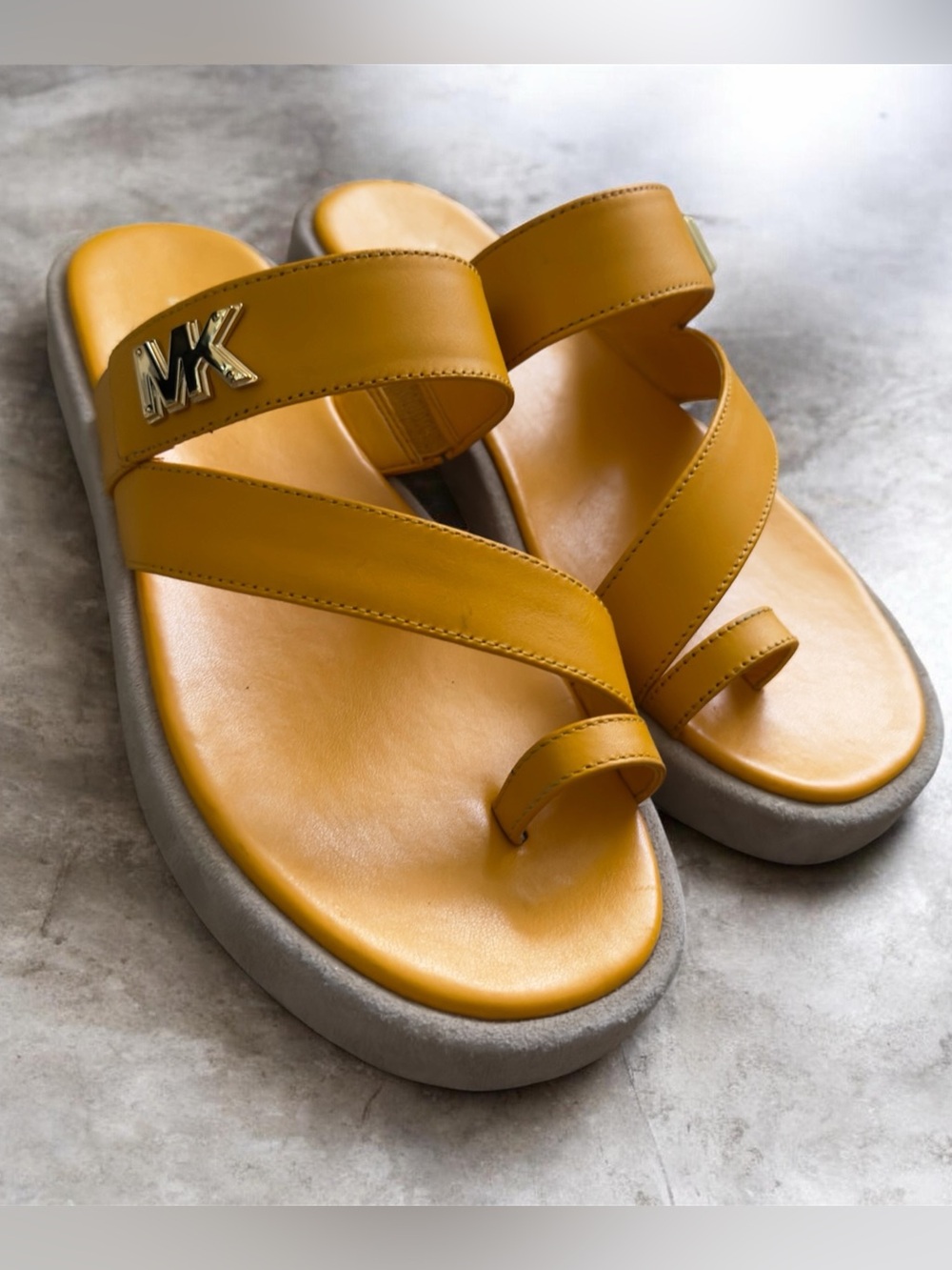 Michael Kors Mustard Leather Crisscross Toe-Loop Slide Sandals